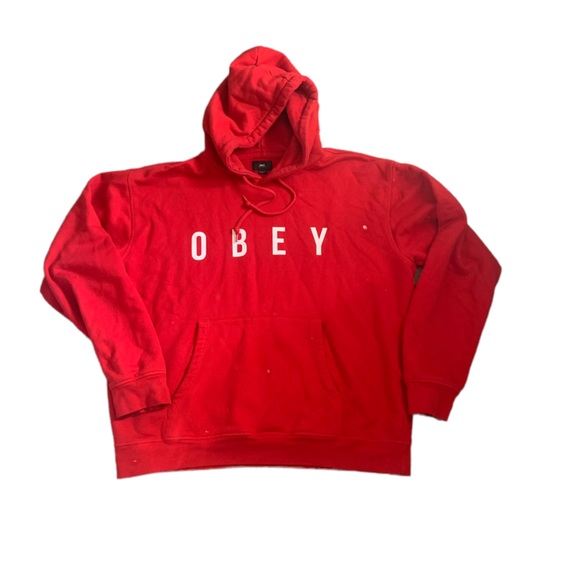 Anyway Hooded Sweatshirt Red Print Hoodie by Obey Sz L Unisex Like New - Picture 2 of 7